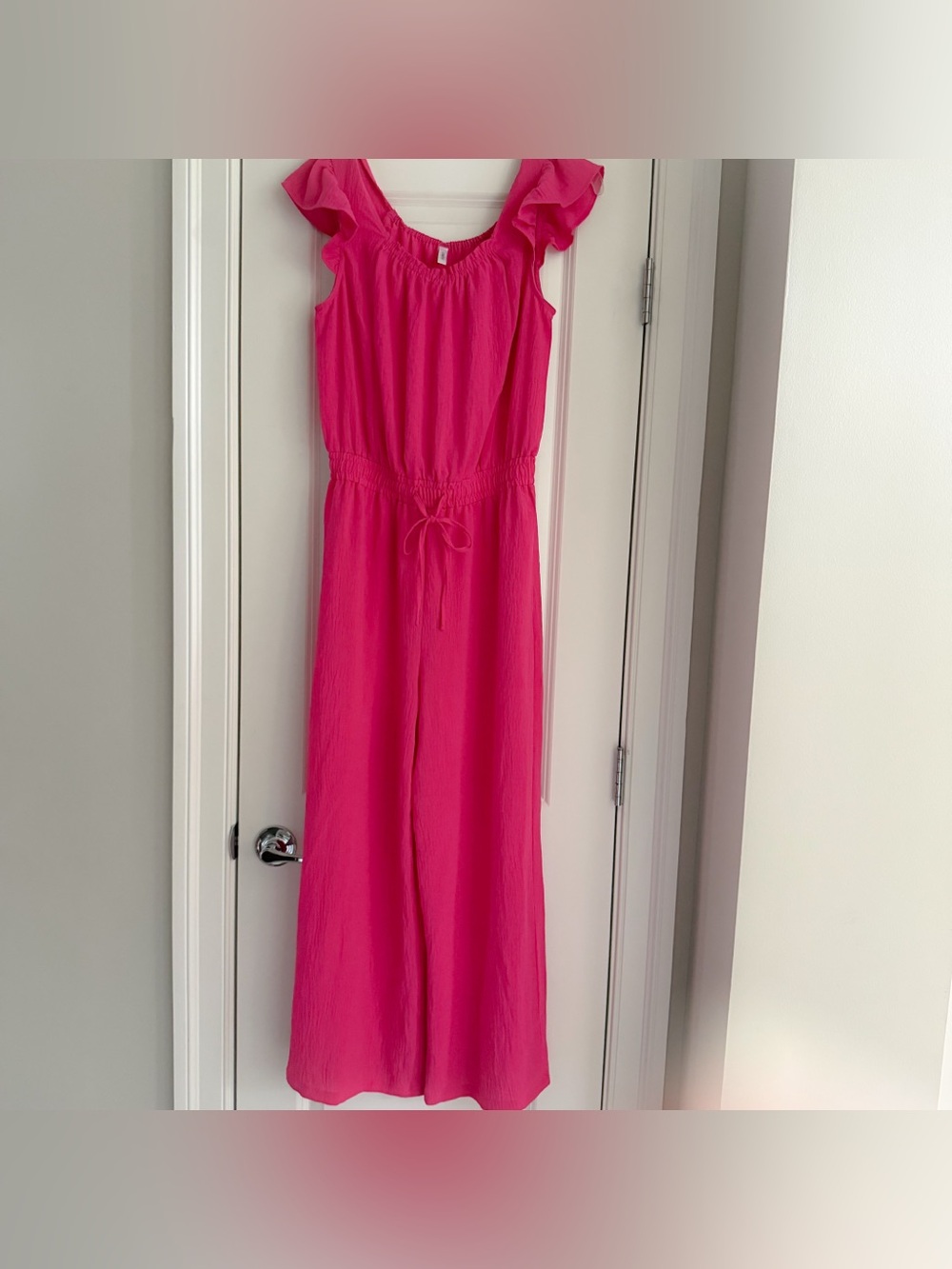 Like New Women’s Pink Jumpsuit with Drawstring Waist & Ruffle Sleeves, Medium - Picture 2 of 7